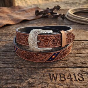 Ranger Belt Co WB413 Western Leather Belt Beaded Inlay Floral Tooled Unisex New